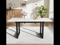 Mesa de comedor rectangular - con tablero retráctil blanco - patas de metal negro - para comedor y sala de estar