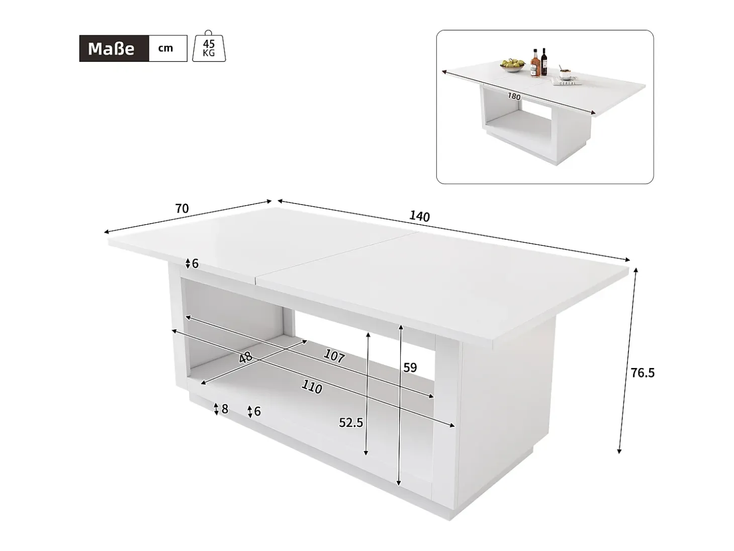 Mesa de comedor rectangular extensible para 6-8 personas en MDF blanco - 140/180x70x76,5cm