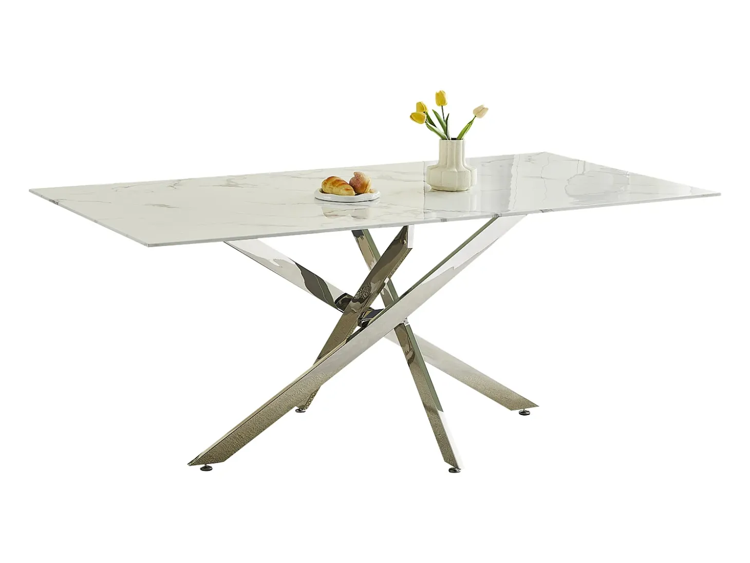 Mesa de comedor rectangular de vidrio templado - Efecto mármol blanco y metal cromado – 8 personas – CHIARA
