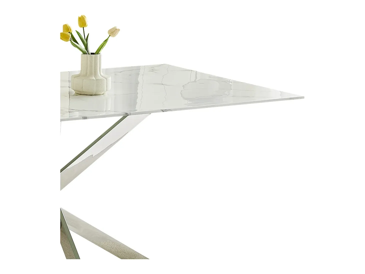 Mesa de comedor rectangular de vidrio templado - Efecto mármol blanco y metal cromado – 8 personas – CHIARA
