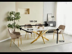 Mesa de comedor rectangular de vidrio templado - Efecto mármol blanco y metal cromado – 8 personas – CHIARA