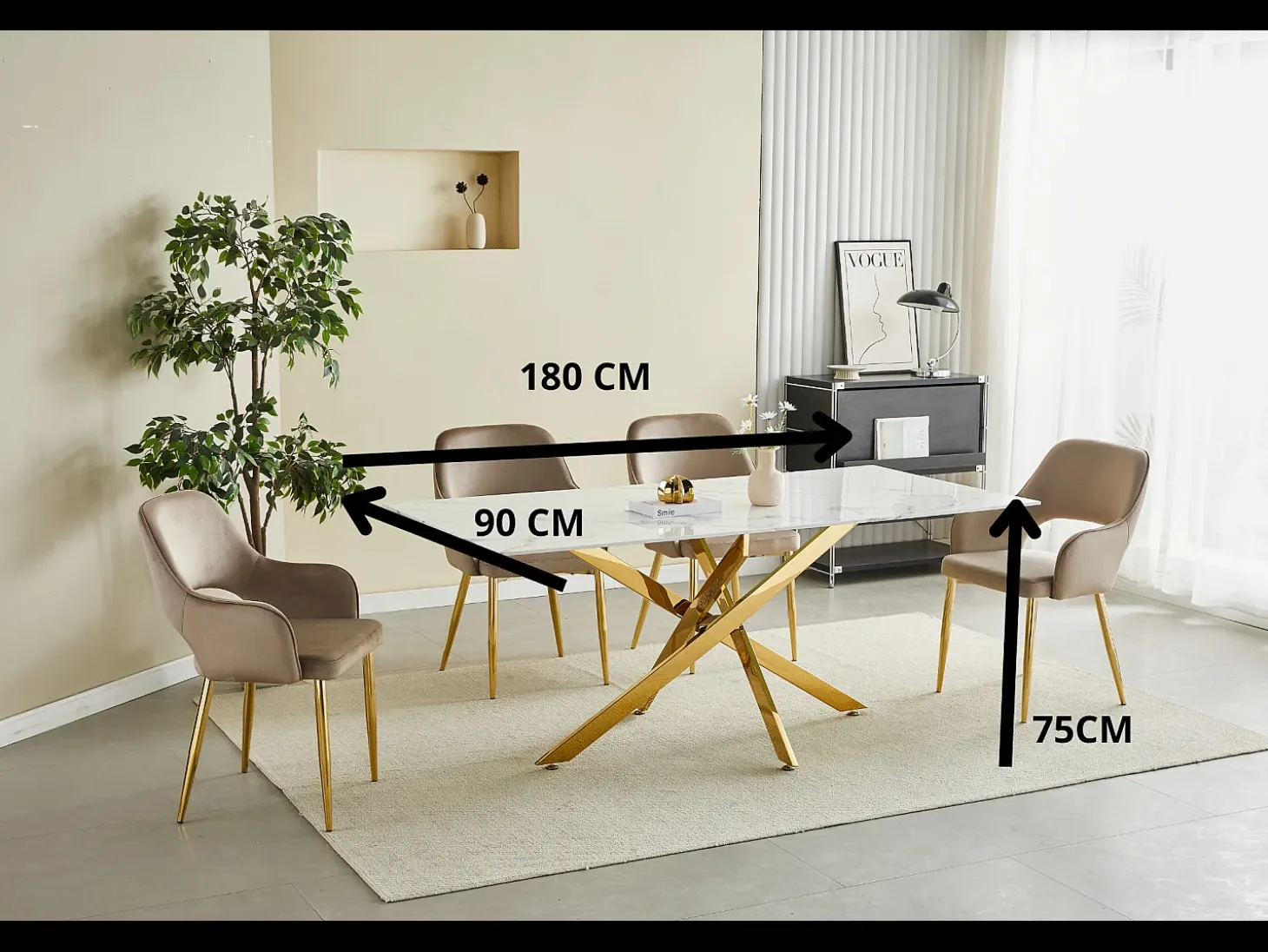 Mesa de comedor rectangular de vidrio templado - Efecto mármol blanco y metal cromado – 8 personas – CHIARA