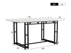 Mesa de comedor rectangular de 120 x 70 cm - patas negras y estructura metálica - tablero de MDF blanco