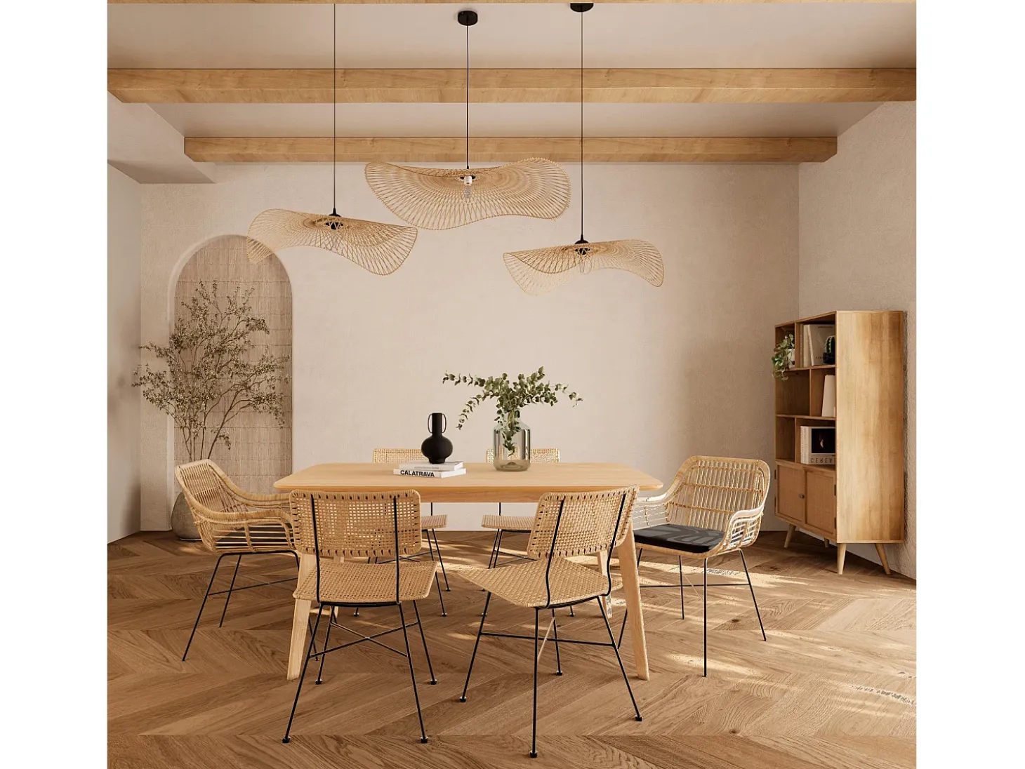 Mesa de comedor rectangular de madera clara, 6 personas - Oman