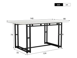 Mesa de comedor rectangular de 140 x 80 cm - patas negras y estructura metálica - tablero de MDF blanco