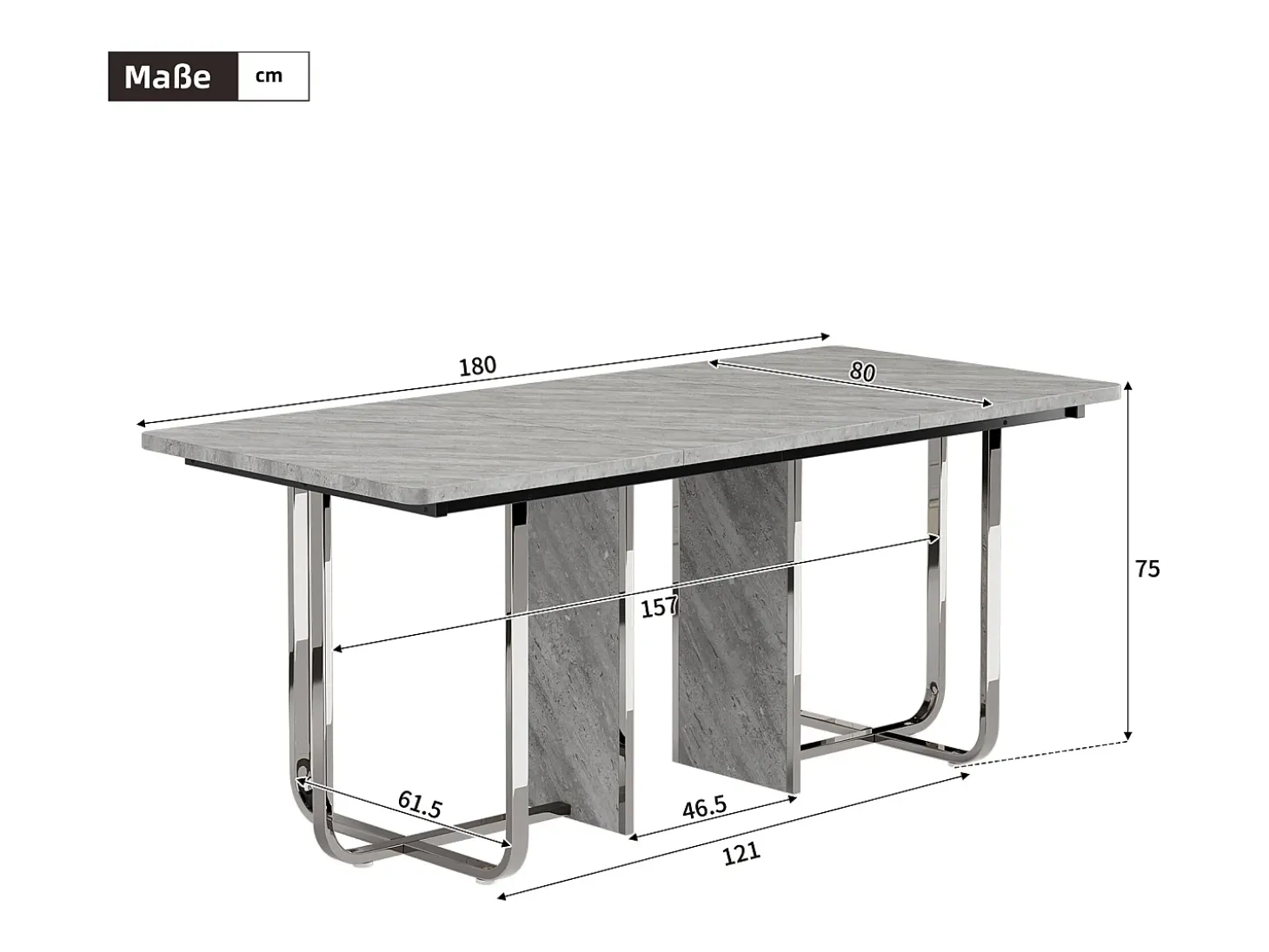 Mesa de comedor rectangular con tablero gris y estructura de metal plateado – Para 6 a 8 personas