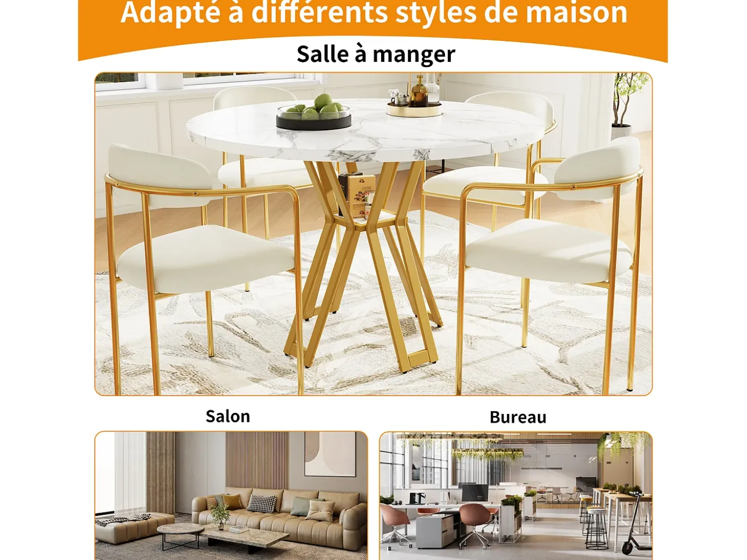 Mesa de comedor redonda - para 4 a 6 personas - tablero de MDF efecto mármol - 100 x 100 x 76 cm - dorado