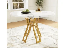 Mesa de comedor redonda - para 4 a 6 personas - tablero de MDF efecto mármol - 100 x 100 x 76 cm - dorado