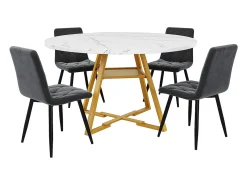 Mesa de comedor redonda (1 unidad), patas de metal, aspecto mármol, blanco