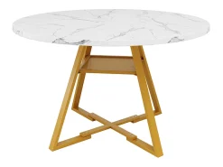 Mesa de comedor redonda (1 unidad), patas de metal, aspecto mármol, blanco
