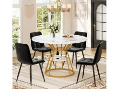 Mesa de comedor redonda - mesa de cocina - 100x100x76cm - patas de metal - Estilo moderno - motivo mármol - dorado
