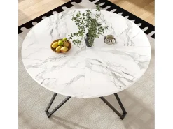 Mesa de comedor redonda - Patas cruzadas - Chapado con diseño de mármol - 4 personas - MDF - Blanco y Negro