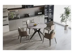 Mesa de comedor redonda ARVENA – 110 cm – Tablero de piedra sinterizada – Color gris – Diseño contemporáneo y robusto