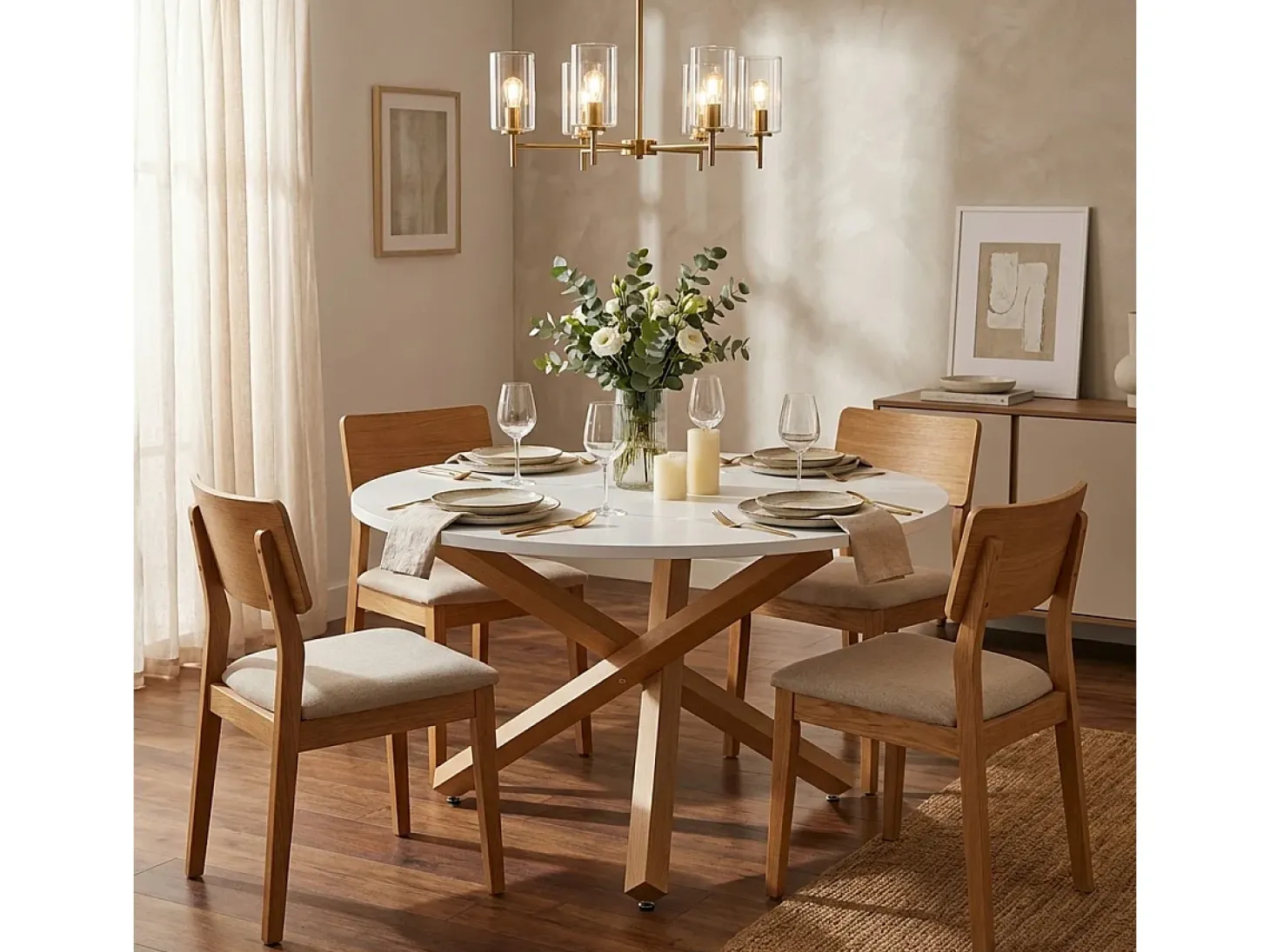 Mesa de comedor redonda blanca de 120 cm con patas cruzadas Rimu
