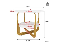 Mesa de comedor redonda con tablero chapado en mármol blanco y 1 estante con pata, estructura de metal dorado - 80x80x76cm