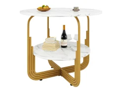 Mesa de comedor redonda con tablero chapado en mármol blanco y 1 estante con pata, estructura de metal dorado - 80x80x76cm