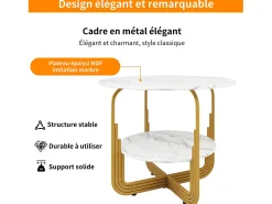 Mesa de comedor redonda con tablero chapado en mármol blanco y 1 estante con pata, estructura de metal dorado - 80x80x76cm