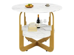 Mesa de comedor redonda con tablero chapado en mármol blanco y 1 estante con pata, estructura de metal dorado - 80x80x76cm