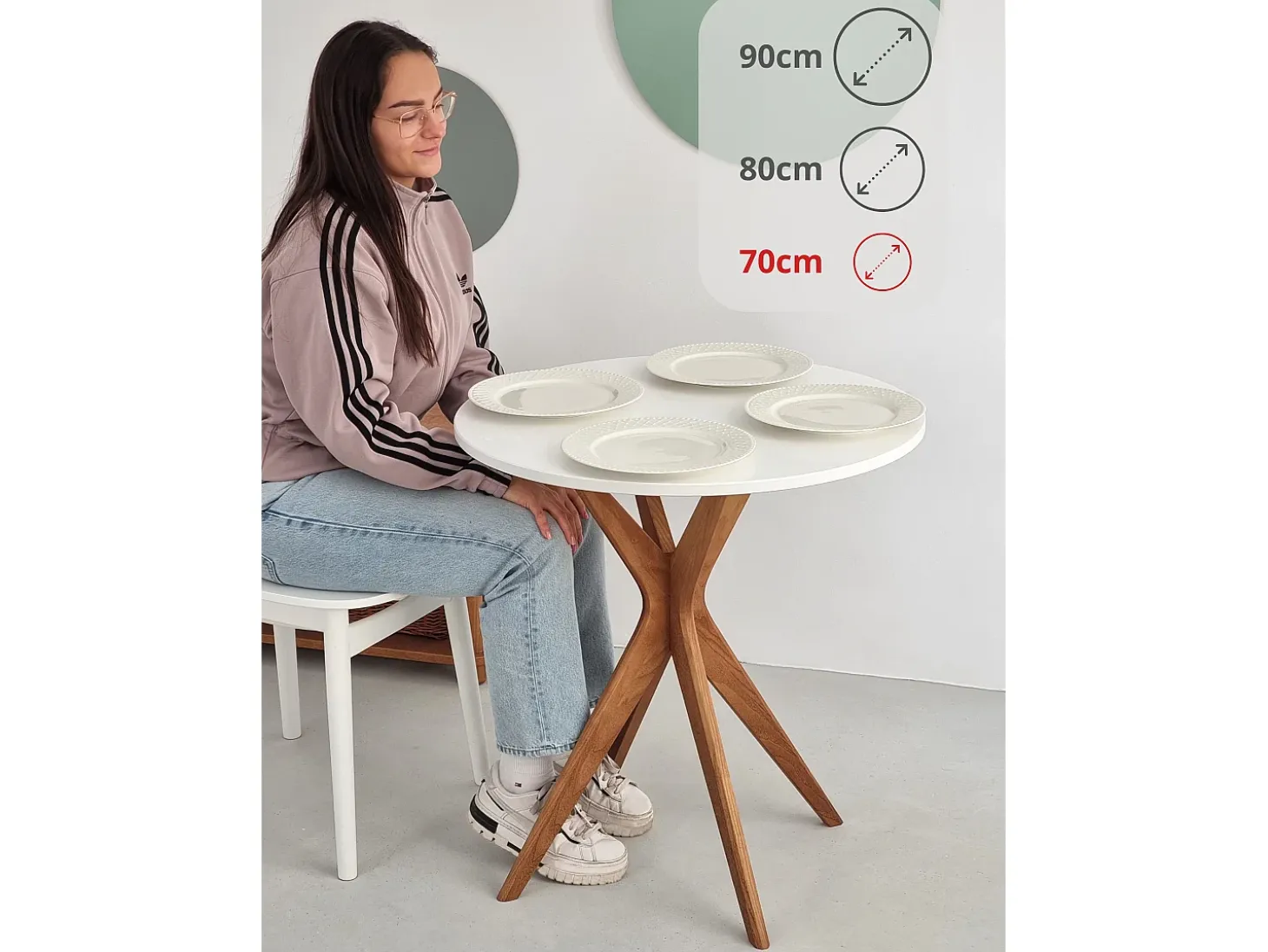 Mesa de comedor redonda 70cm Jubi Blanco Tiza | Pata de fresno teñida de roble
