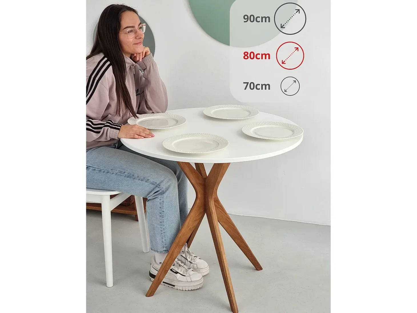 Mesa de comedor redonda 80cm Verde Salvia | Pata de fresno teñida de roble