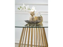 Mesa de comedor redonda con tapa de cristal y pata central de acero dorado Cambridge