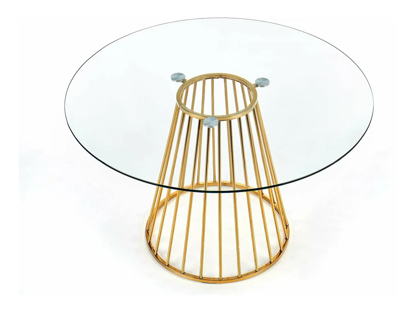 Mesa de comedor redonda con tapa de cristal y pata central de acero dorado Cambridge
