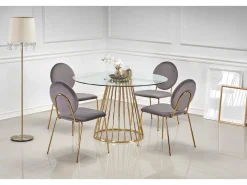 Mesa de comedor redonda con tapa de cristal y pata central de acero dorado Cambridge