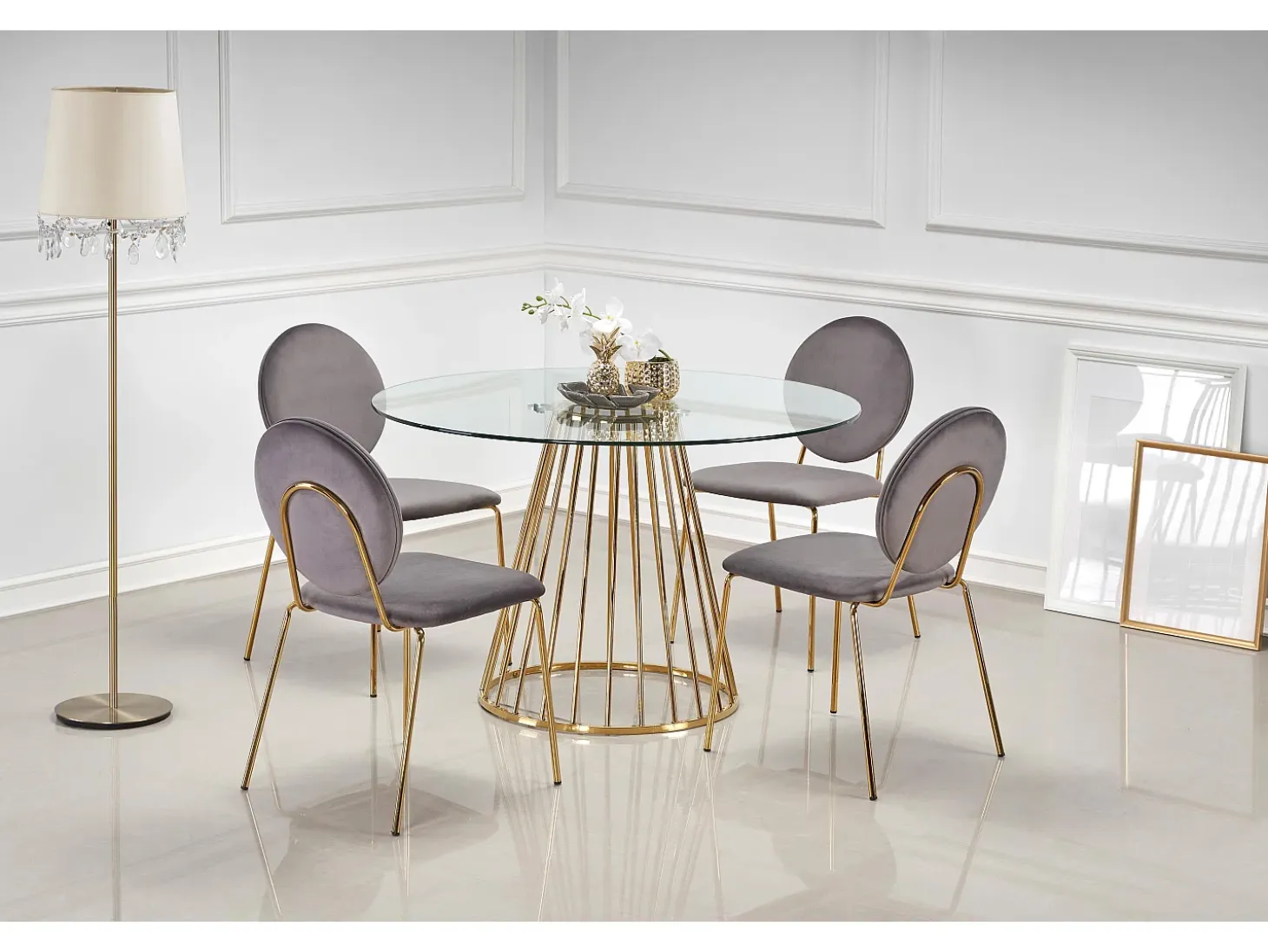 Mesa de comedor redonda con tapa de cristal y pata central de acero dorado Cambridge