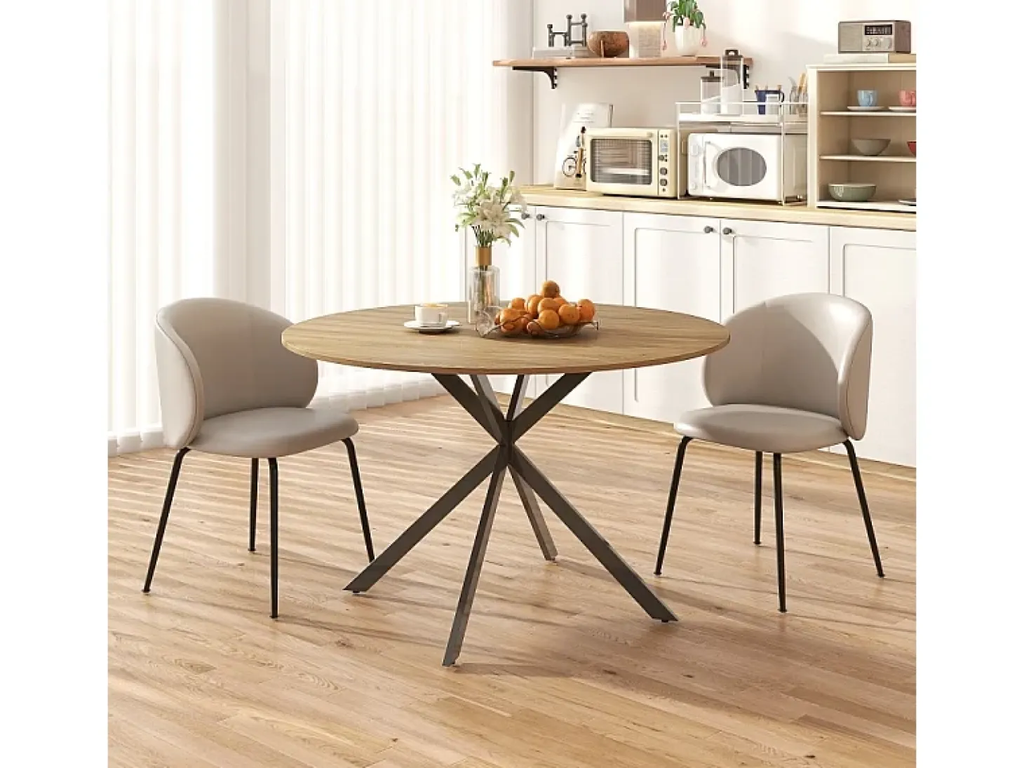 Mesa de comedor redonda de roble - Mesa de comedor con estructura de acero en forma de X y tablero de madera - Ideal para comedor y sala de estar