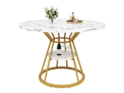 Mesa de comedor redonda, diseño moderno con patas de metal, tablero de MDF efecto mármol, dorado y negro (100x100x76cm)