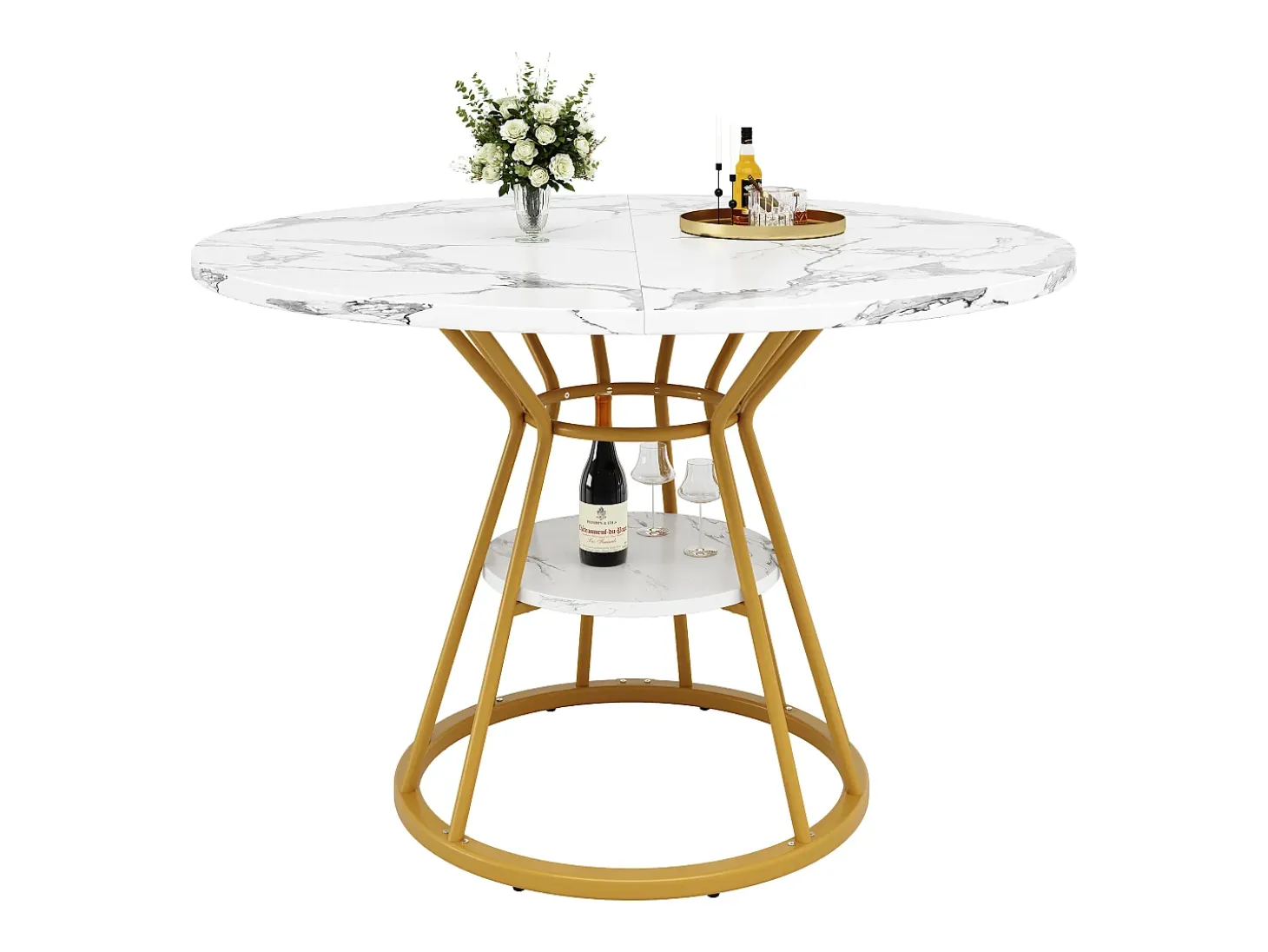 Mesa de comedor redonda, diseño moderno con patas de metal, tablero de MDF efecto mármol, dorado y negro (100x100x76cm)