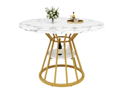 Mesa de comedor redonda, diseño moderno con patas de metal, tablero de MDF efecto mármol, dorado y negro (100x100x76cm)