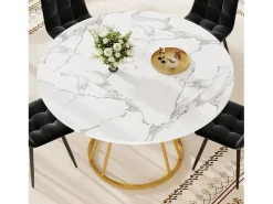 Mesa de comedor redonda, diseño moderno con patas de metal, tablero de MDF efecto mármol, dorado y negro (100x100x76cm)
