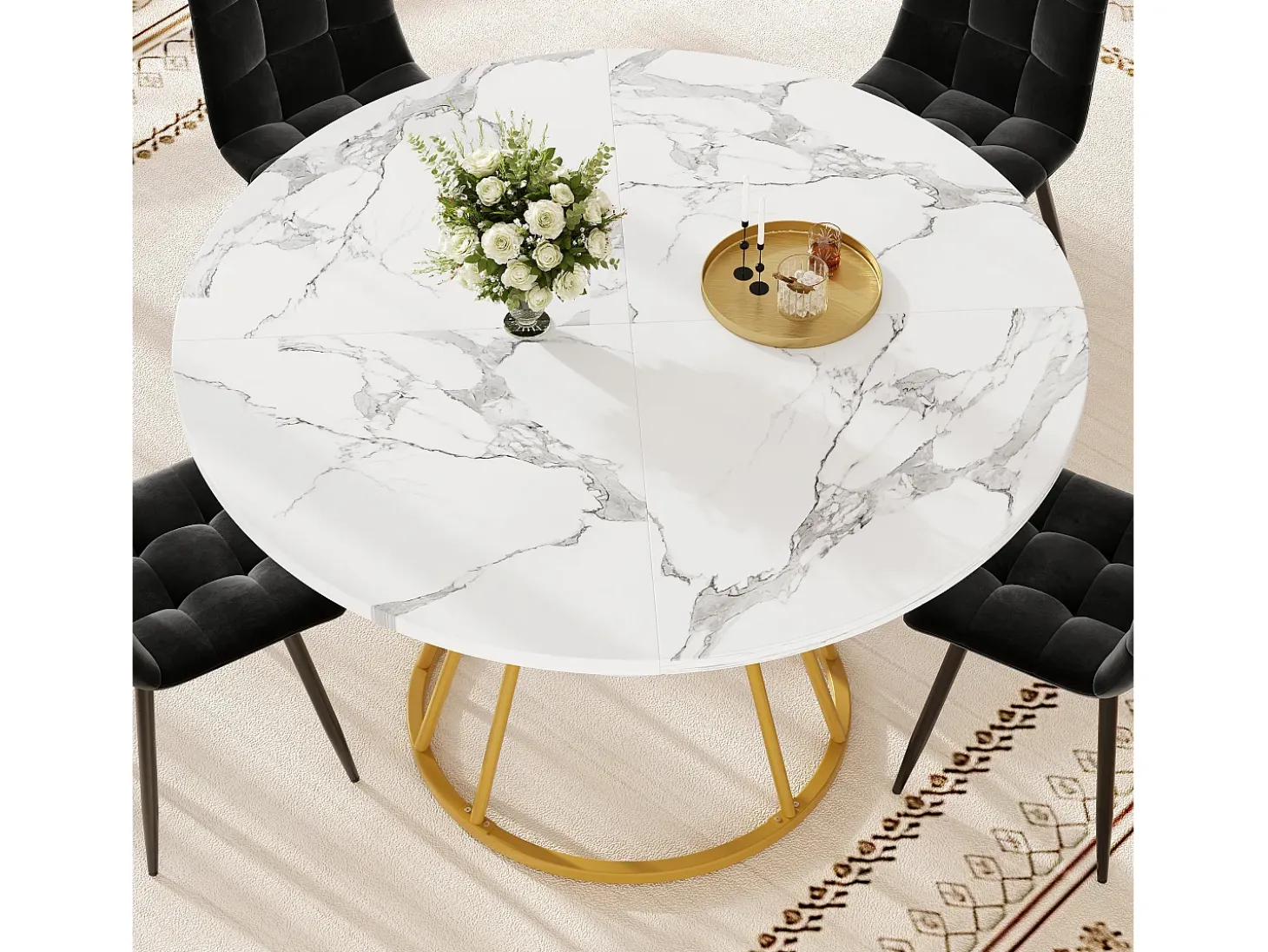 Mesa de comedor redonda, diseño moderno con patas de metal, tablero de MDF efecto mármol, dorado y negro (100x100x76cm)