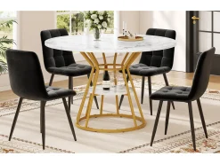 Mesa de comedor redonda, diseño moderno con patas de metal, tablero de MDF efecto mármol, dorado y negro (100x100x76cm)
