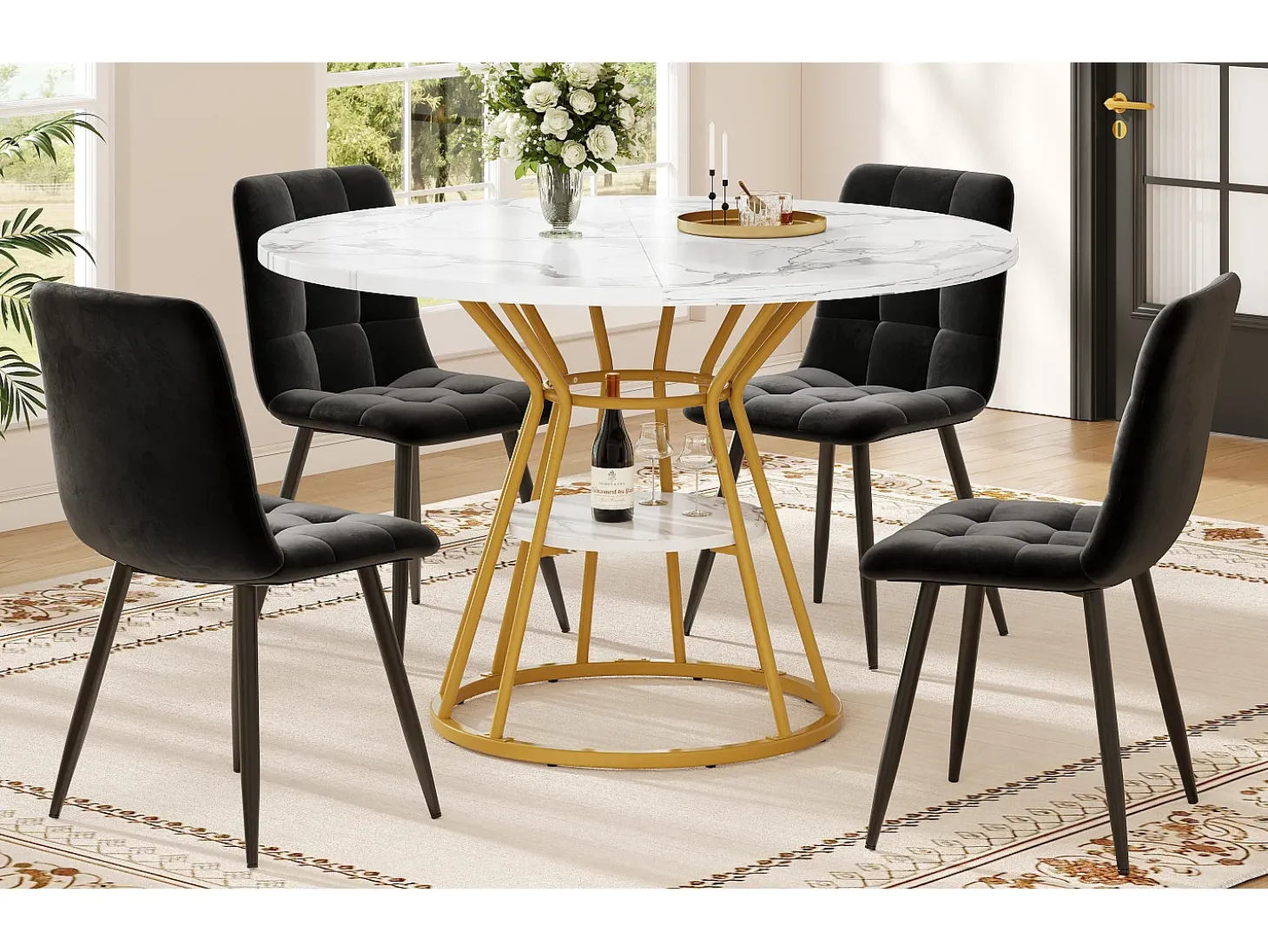 Mesa de comedor redonda, diseño moderno con patas de metal, tablero de MDF efecto mármol, dorado y negro (100x100x76cm)