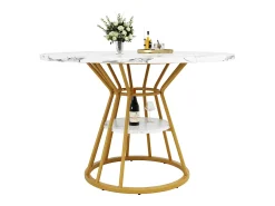 Mesa de comedor redonda, diseño moderno con patas de metal, tablero de MDF efecto mármol, dorado y negro (100x100x76cm)