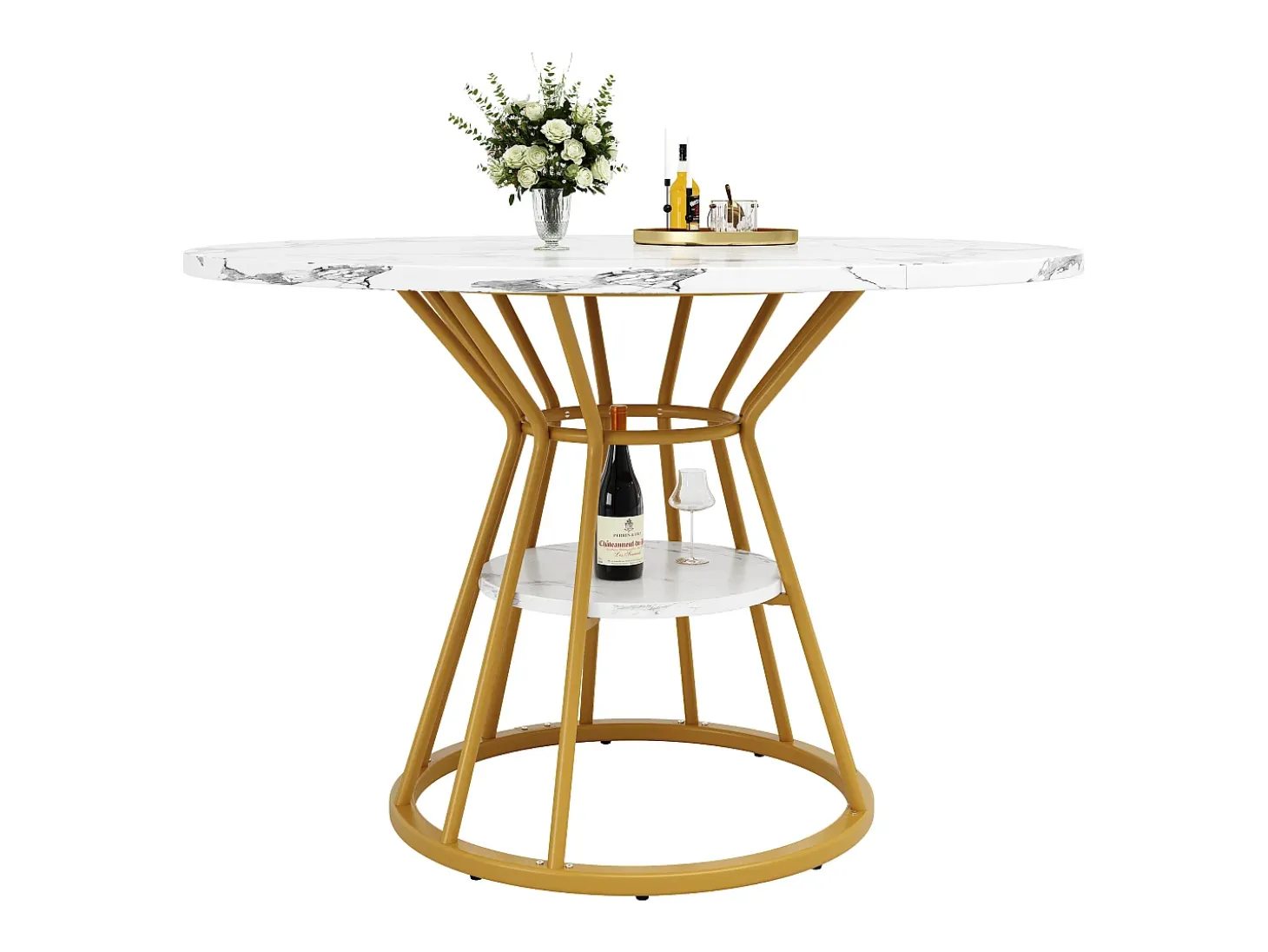 Mesa de comedor redonda, diseño moderno con patas de metal, tablero de MDF efecto mármol, dorado y negro (100x100x76cm)