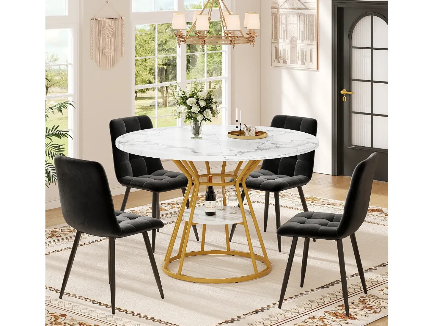 Mesa de comedor redonda, diseño moderno con patas de metal, tablero de MDF efecto mármol, dorado y negro (100x100x76cm)