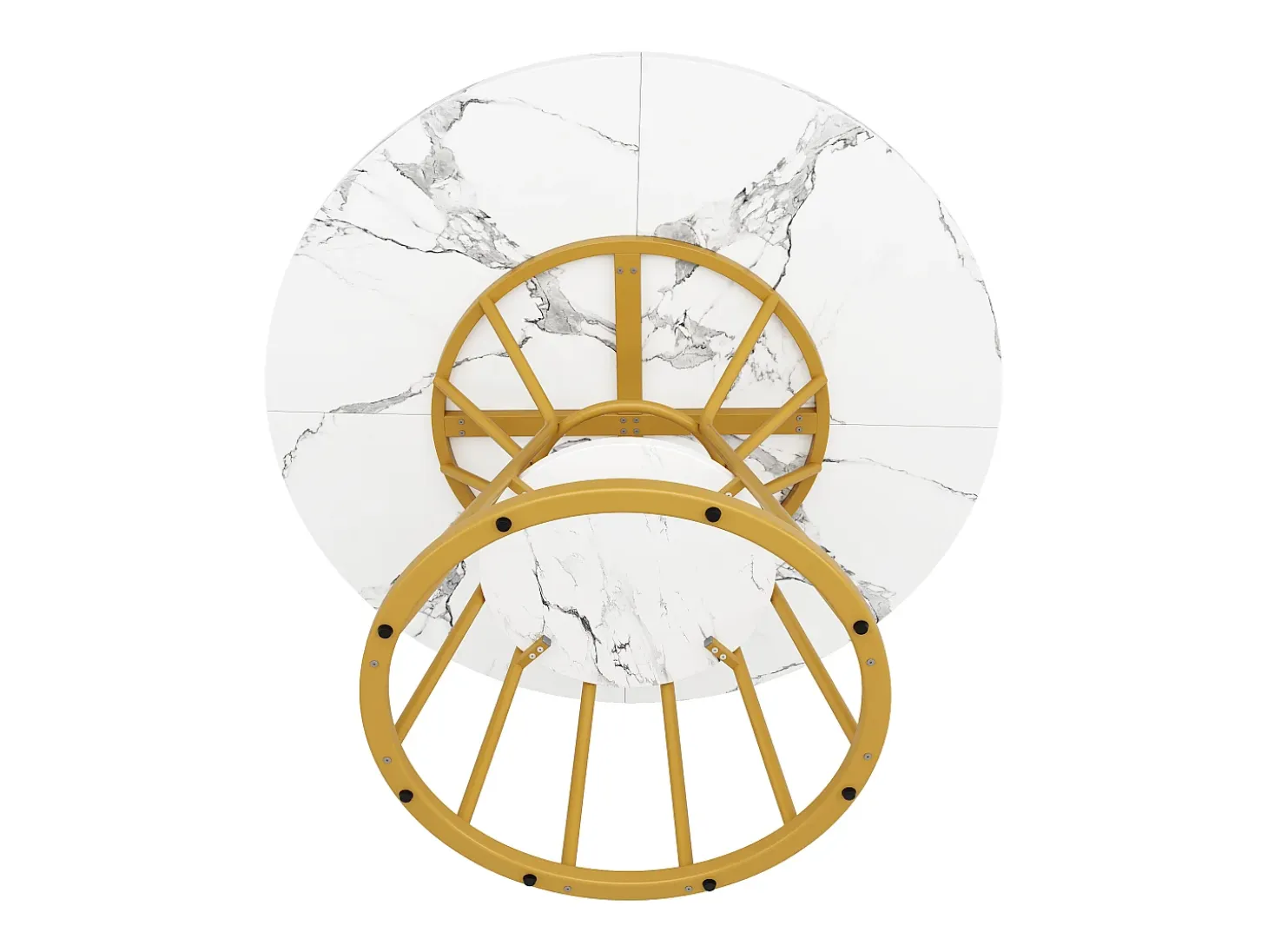 Mesa de comedor redonda, diseño moderno con patas de metal, tablero de MDF efecto mármol, dorado y negro (100x100x76cm)