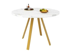 Mesa de comedor redonda de 80x80x75cm con tablero chapado efecto mármol blanco y patas de metal dorado.