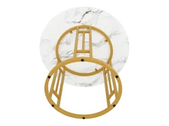 Mesa de comedor redonda de 80x80x76cm con tablero chapado efecto mármol blanco y estructura de metal dorado.
