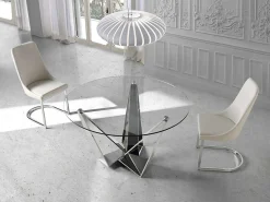 Mesa de comedor redonda de diseño Bazika de 130 cm con cristal templado y patas de acero cromado