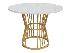 Mesa de comedor redonda, diseño de mármol, estructura de metal, adecuada para restaurante, comedor, color dorado.