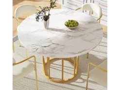 Mesa de comedor redonda, diseño elegante, MDF marmolado, patas doradas (80x80x76 cm)