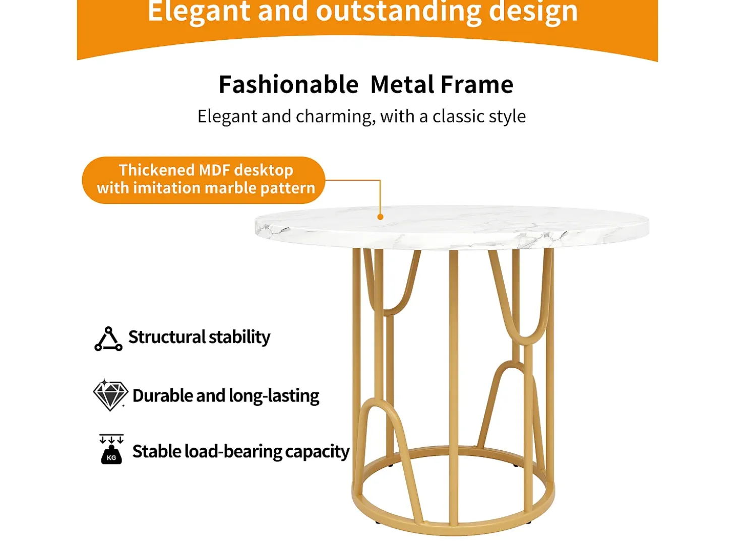 Mesa de comedor redonda, diseño elegante, MDF marmolado, patas doradas (80x80x76 cm)
