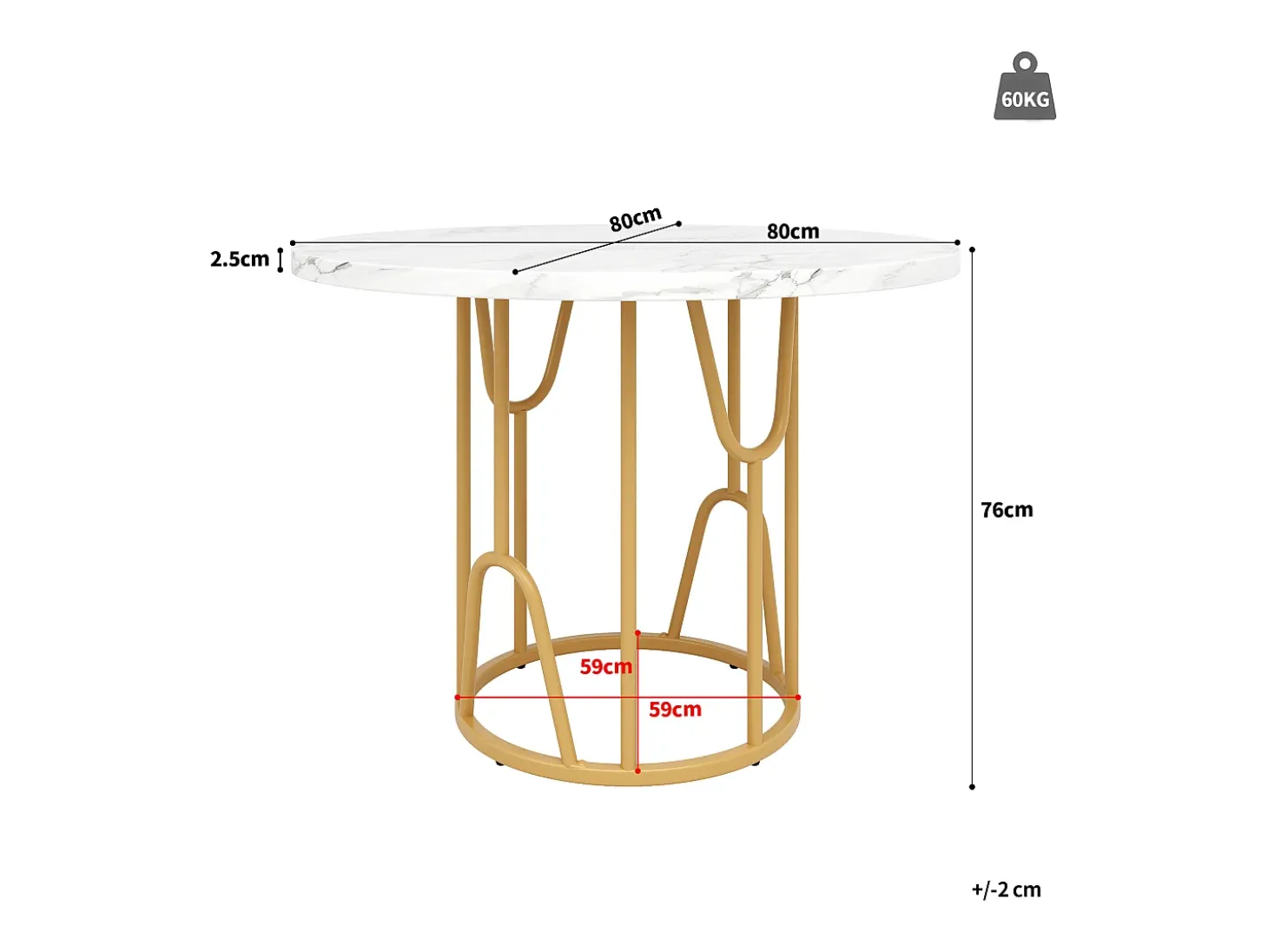 Mesa de comedor redonda, diseño elegante, MDF marmolado, patas doradas (80x80x76 cm)