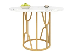 Mesa de comedor redonda, diseño elegante, MDF marmolado, patas doradas (80x80x76 cm)