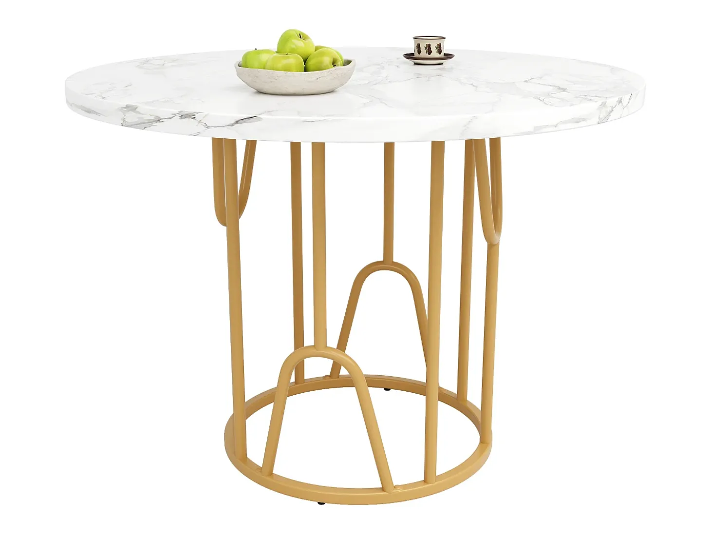 Mesa de comedor redonda, diseño elegante, MDF marmolado, patas doradas (80x80x76 cm)