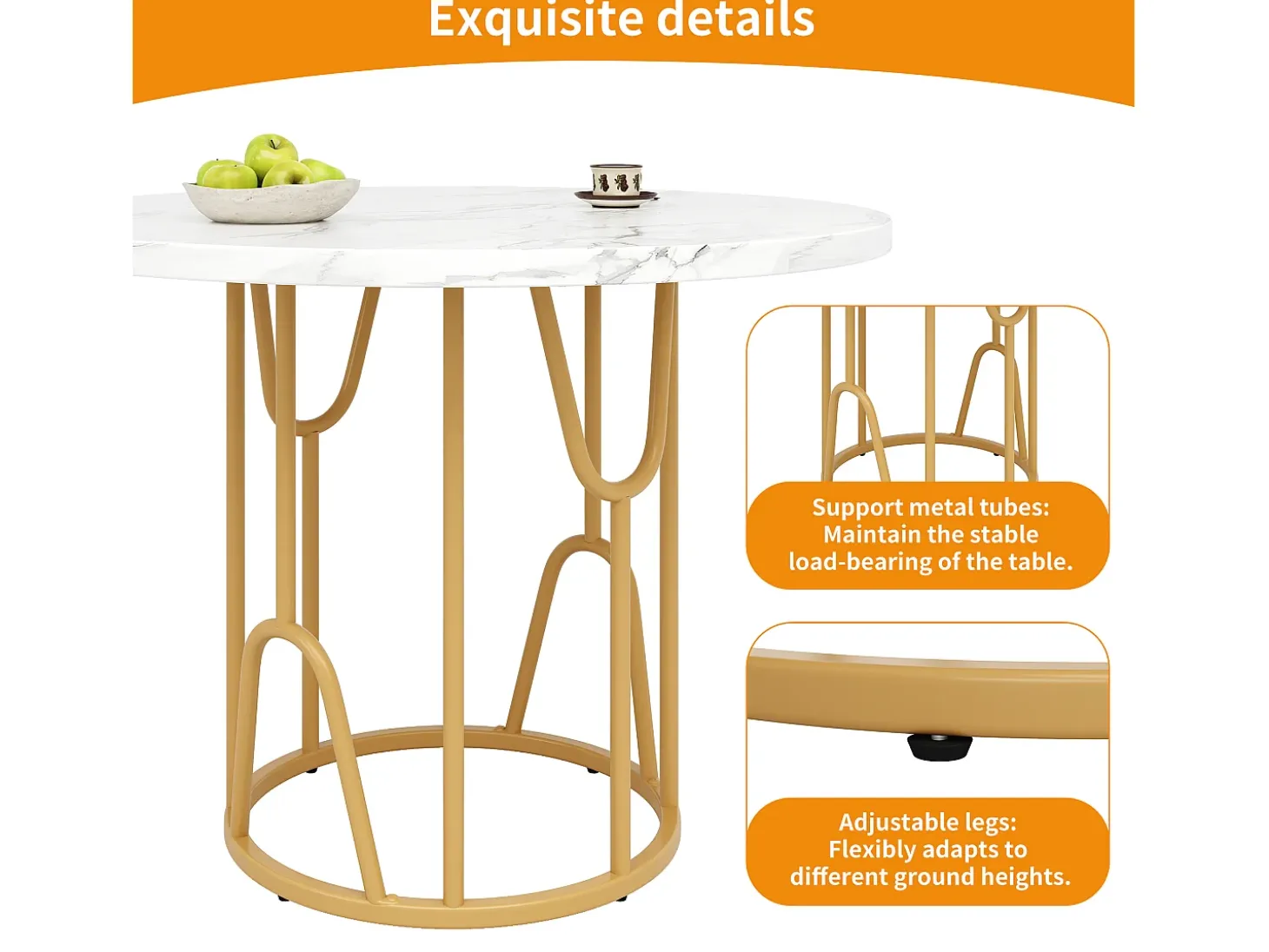 Mesa de comedor redonda, diseño elegante, MDF marmolado, patas doradas (80x80x76 cm)